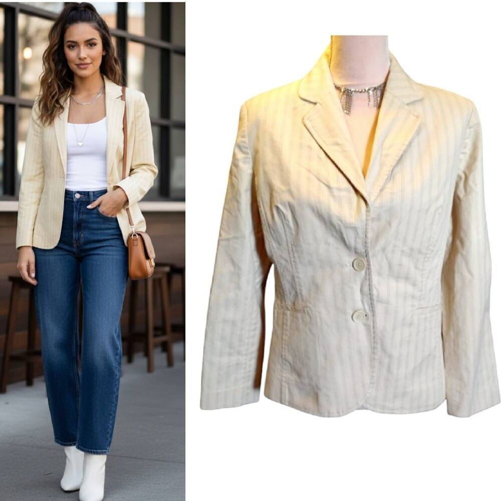VTG Chic Pale Yellow Striped Blazer Single Breasted‎ Fitted Jacket Plussize 14P